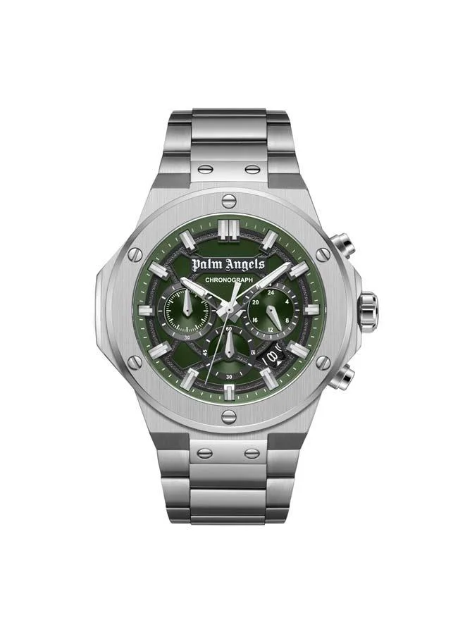 Palm Angels Fiero Black Dial Silver Stainless Steel Bracelet Chronograph Watch for Men, 44mm