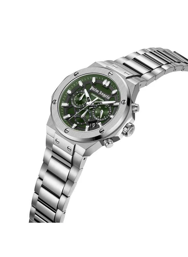 Palm Angels Fiero Black Dial Silver Stainless Steel Bracelet Chronograph Watch for Men, 44mm