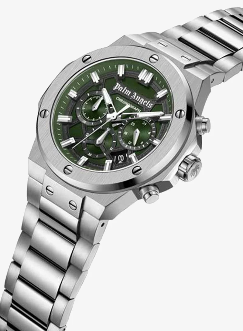 Palm Angels Fiero Black Dial Silver Stainless Steel Bracelet Chronograph Watch for Men, 44mm