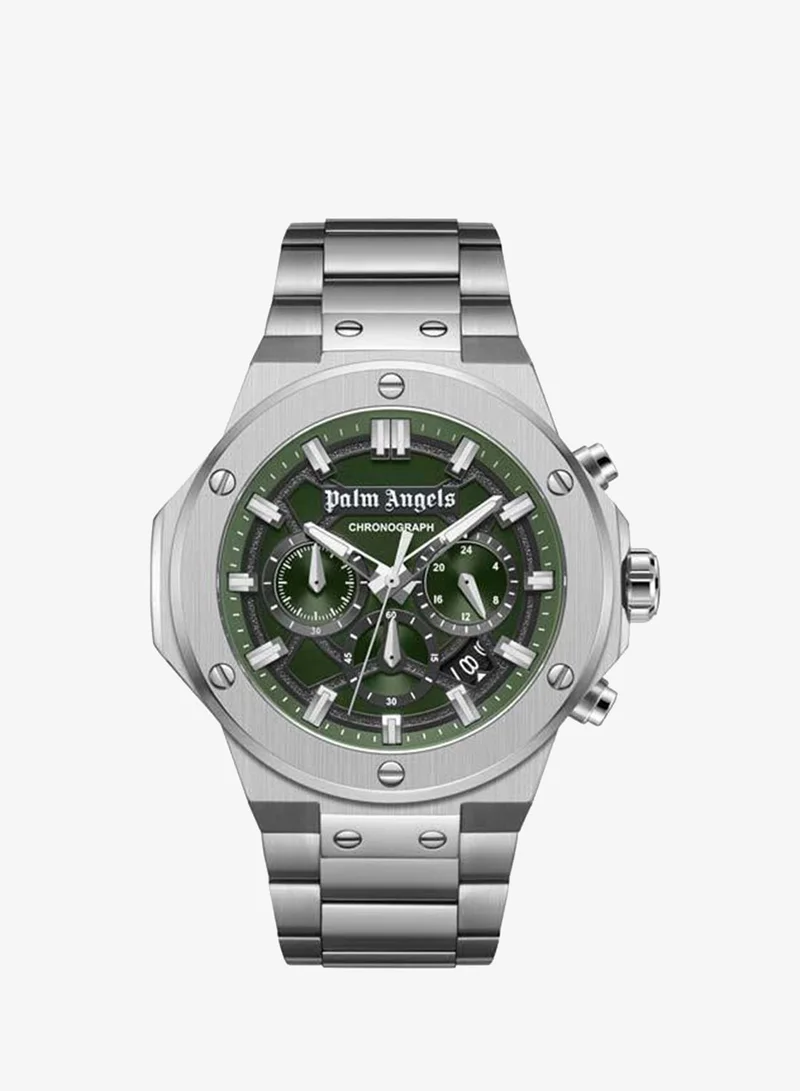 Palm Angels Fiero Black Dial Silver Stainless Steel Bracelet Chronograph Watch for Men, 44mm