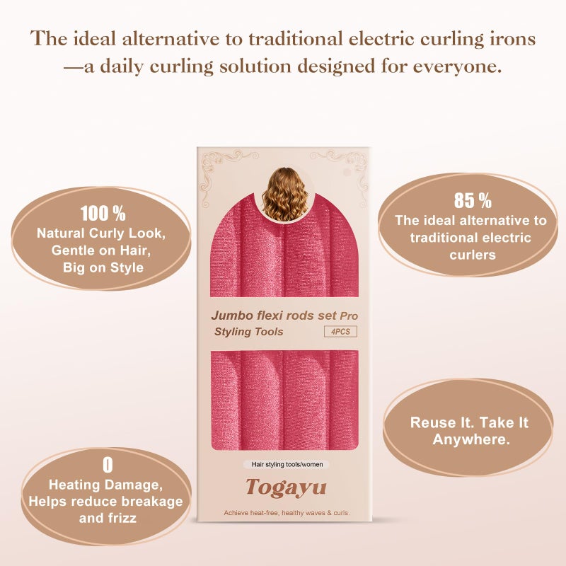 Togayu Heatless Curls Overnight Set - 4PCS Jumbo Velvet Hair Rollers to Sleep In, No-Damage Flexi Rods for Beautiful, Effortless Curls and Waves for Women - Image 4