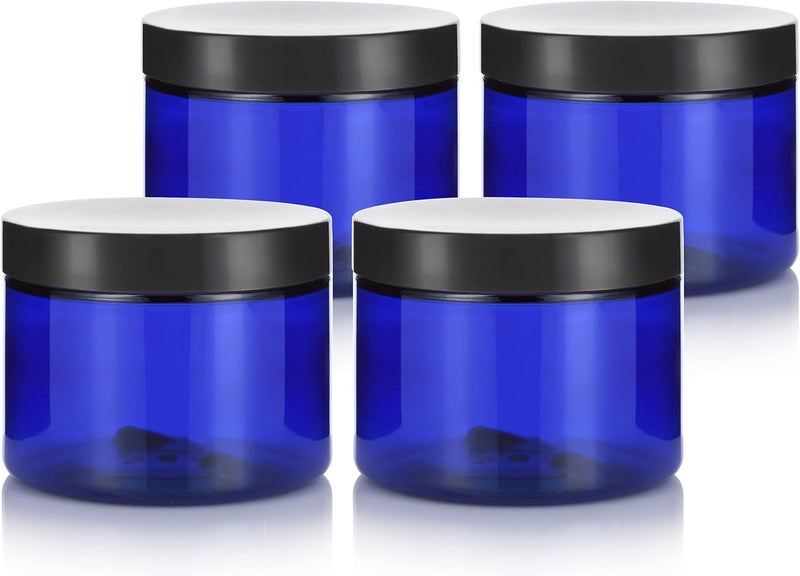 6 oz Cobalt Blue PET Plastic Jar With Black Smooth Lids (4 pack)