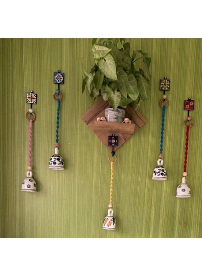 Shopping Shots Ceramic Hand-Painted Macrame Bell Bohemian- Flowers Printed Pack of 5 Large Size Ringing Bells (Bell Height 5 inch) with Ceramic Hooks. Assorted Colours - Image 1