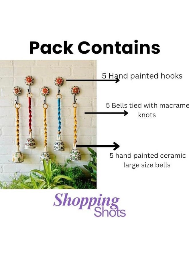 Shopping Shots Ceramic Hand-Painted Macrame Bell Bohemian- Flowers Printed Pack of 5 Large Size Ringing Bells (Bell Height 5 inch) with Ceramic Hooks. Assorted Colours - Image 4