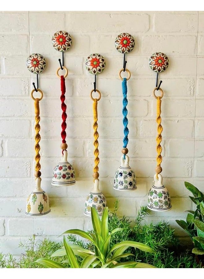 Shopping Shots Ceramic Hand-Painted Macrame Bell Bohemian- Flowers Printed Pack of 5 Large Size Ringing Bells (Bell Height 5 inch) with Ceramic Hooks. Assorted Colours - Image 3