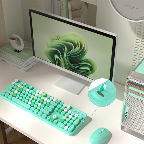 MPTOG Colorful Wireless Computer Keyboard and Mouse Combo with Round Typewriter Keycaps, Retro Design, Power Switch, Ergonomic Design, 2.4GHz Wireless for Windows, Mac, PC(Green-Colorful) - Image 2