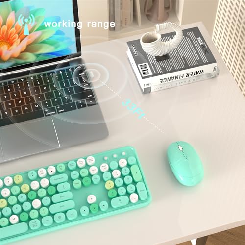 MPTOG Colorful Wireless Computer Keyboard and Mouse Combo with Round Typewriter Keycaps, Retro Design, Power Switch, Ergonomic Design, 2.4GHz Wireless for Windows, Mac, PC(Green-Colorful) - Image 4