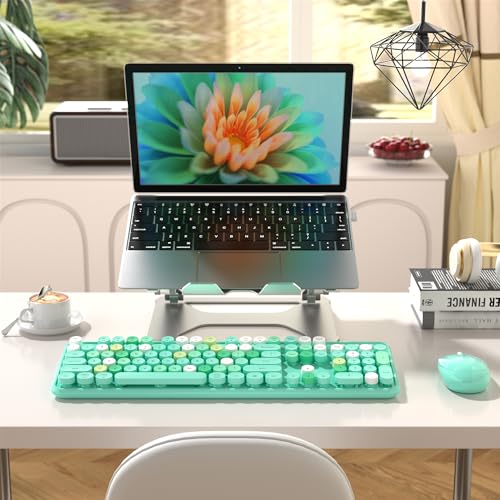 MPTOG Colorful Wireless Computer Keyboard and Mouse Combo with Round Typewriter Keycaps, Retro Design, Power Switch, Ergonomic Design, 2.4GHz Wireless for Windows, Mac, PC(Green-Colorful) - Image 3