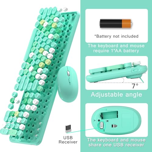 MPTOG Colorful Wireless Computer Keyboard and Mouse Combo with Round Typewriter Keycaps, Retro Design, Power Switch, Ergonomic Design, 2.4GHz Wireless for Windows, Mac, PC(Green-Colorful) - Image 5
