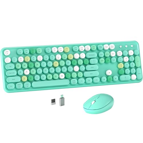 MPTOG Colorful Wireless Computer Keyboard and Mouse Combo with Round Typewriter Keycaps, Retro Design, Power Switch, Ergonomic Design, 2.4GHz Wireless for Windows, Mac, PC(Green-Colorful) - Image 1