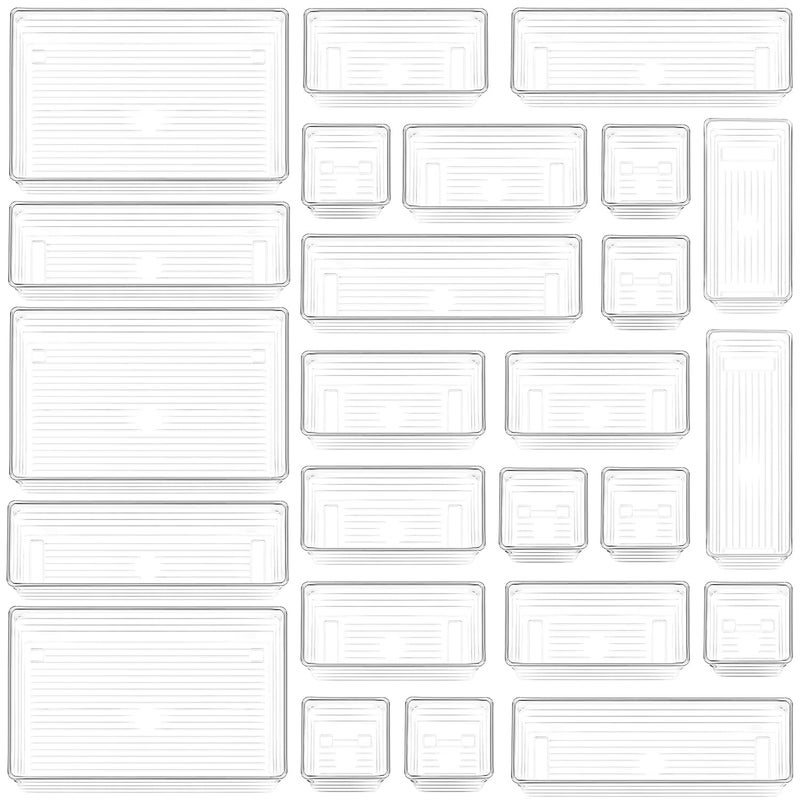 DCA 25 PCS Clear Plastic Drawer Organizer Tray, Bathroom Organizers and Storage Bins for Makeup, Kitchen Utensils, Jewelries, Gadgets, Office Desk - Image 1