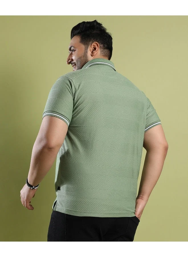 Instafab Plus Men's Olive Green Self-Design Horizontal Striped T-Shirt
