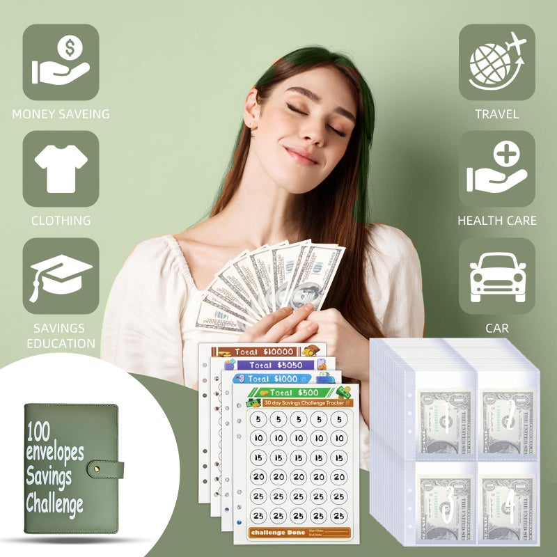 DONBAO 100 Envelopes Money Saving Challenge Binder, Fun and Easy Savings System to Save $5,050, $10,000, $500, $1,000, A5 Budget Binder Planner Book Tracker with Cash Envelopes, Guide (Olive Green) - Image 2