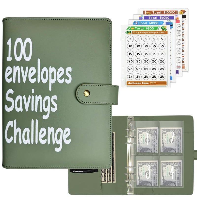 DONBAO 100 Envelopes Money Saving Challenge Binder, Fun and Easy Savings System to Save $5,050, $10,000, $500, $1,000, A5 Budget Binder Planner Book Tracker with Cash Envelopes, Guide (Olive Green) - Image 1