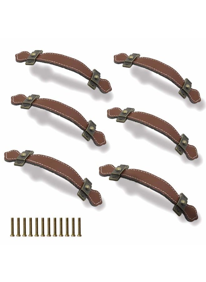 Seimneire 6pcs Surface Leather Furniture Handle, 6.3" Retro Style Leather Pull Handle for Drawer/Cabinet/PU Suitcase - Brown - Image 1