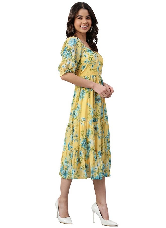 Janasya - Janasya Women's Yellow Georgette Floral Printed Flared Western Dress(J0433-DR-XXL) - Image 1