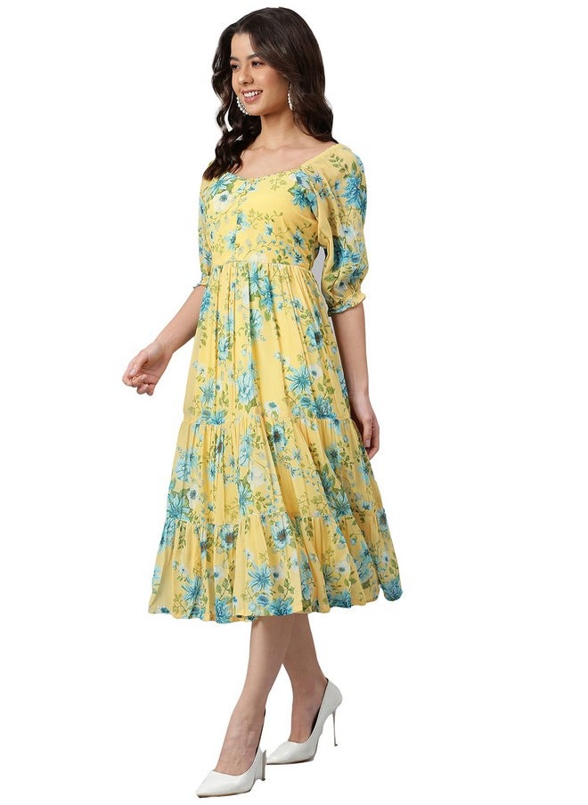 Janasya - Janasya Women's Yellow Georgette Floral Printed Flared Western Dress(J0433-DR-XXL) - Image 1