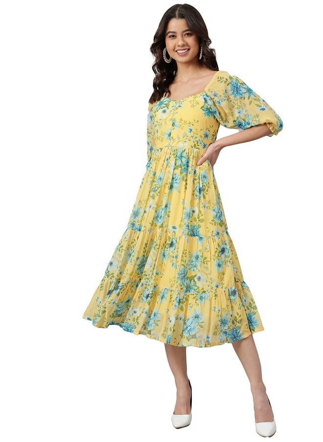 Janasya - Janasya Women's Yellow Georgette Floral Printed Flared Western Dress(J0433-DR-XXL) - Image 1