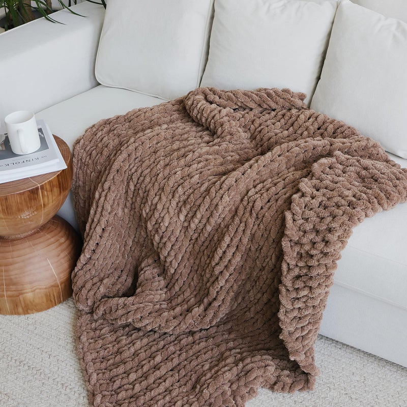 Maetoow Tighter Version Chenille Chunky Knit Blanket Throw (40?50 Inch)  Handmade Warm & Cozy Blanket Couch  Bed  Home Decor  Soft Fleece Banket  Boho Thick Blankets and Giant Yarn Throws Brown - Image 3