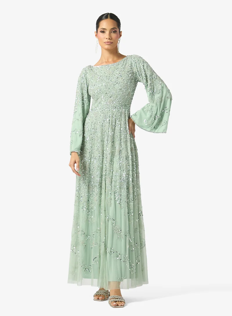 ماري Embellished Boat Neck Balloon Sleeve Maxi Dress