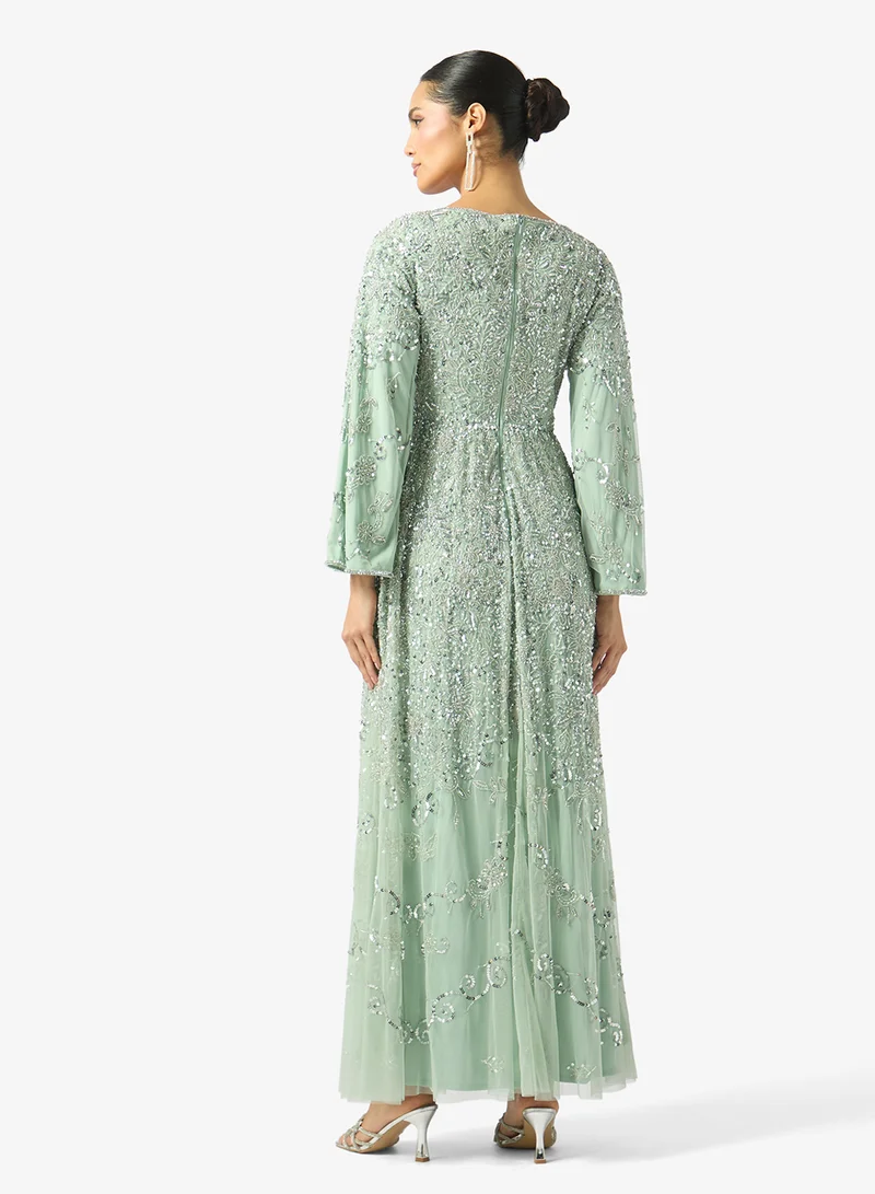 ماري Embellished Boat Neck Balloon Sleeve Maxi Dress