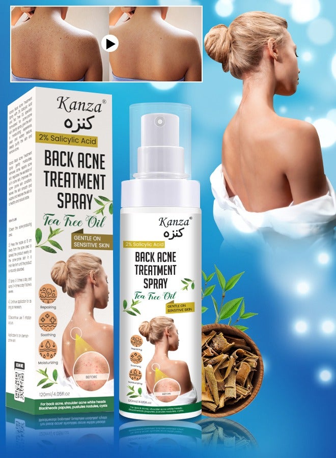 Kanza بخاخ علاج حب الشباب في الظهر 120 مل 2% حمض الساليسيليك علاج حب الشباب في الجسم مع تركيبة عشبية حل حب الشباب في الظهر بخاخ زيت شجرة الشاي بخاخ مهدئ ومرطب للبشرة الحساسة بخاخ حب الشباب في الظهر - Image 1