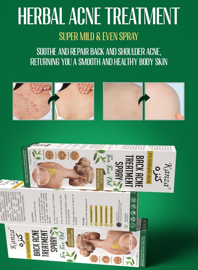 Kanza بخاخ علاج حب الشباب في الظهر 120 مل 2% حمض الساليسيليك علاج حب الشباب في الجسم مع تركيبة عشبية حل حب الشباب في الظهر بخاخ زيت شجرة الشاي بخاخ مهدئ ومرطب للبشرة الحساسة بخاخ حب الشباب في الظهر - Image 5