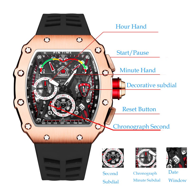 PINTIME Fashion Mens Tonneau Watch Hollow Punk Chronograph Sports Wristwatch Luxury Designer Mens Quartz Silicone Watches - Image 5