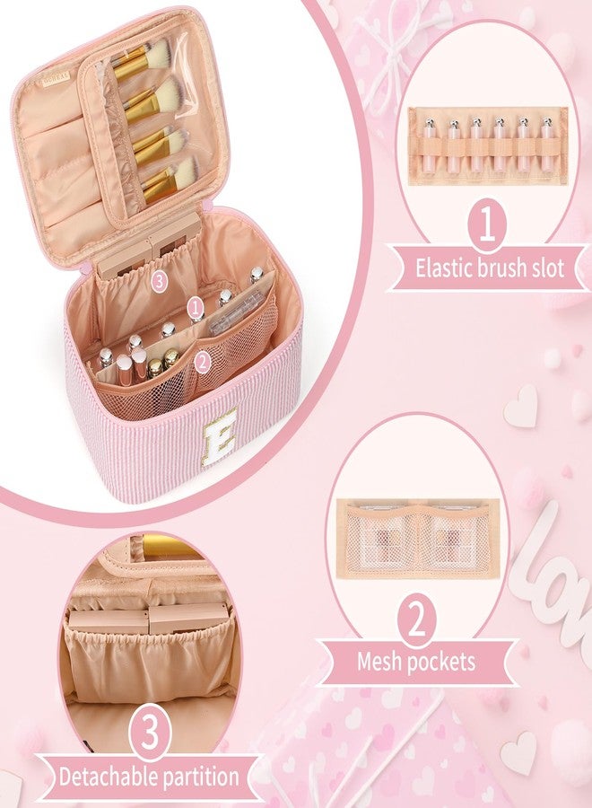 OCHEAL Makeup Bag for Women, Monogram Cosmetic Bag with Brush Holder, Pink Travel Makeup Case Beauty Toiletry Bag Organizer Personalized Gifts for Girls Bridesmaid, Sister, Wife, Friends Initial E - Image 3