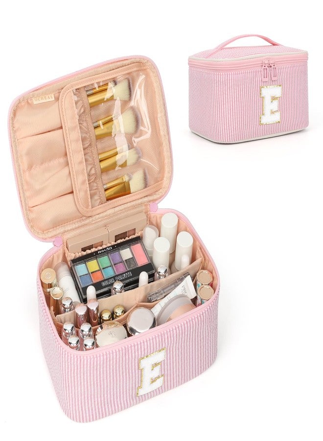 OCHEAL Makeup Bag for Women, Monogram Cosmetic Bag with Brush Holder, Pink Travel Makeup Case Beauty Toiletry Bag Organizer Personalized Gifts for Girls Bridesmaid, Sister, Wife, Friends Initial E - Image 1
