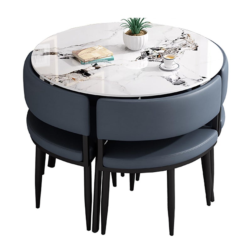 Harmony Home 5-Piece Round Dining Table Set – White  Ceramic Marble Top with Metal Legs & 4 Blue PU Leather Cushioned Chairs – Modern Dining Furniture for Kitchen & Small Spaces - Image 2