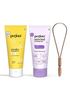 Perfora Perfora Tongue Cleaner&The Daily Routine Awake&Unwind Toothpaste Combo Active Freshness&Cavity Prevention Sls&Fluoride Free Toothpastes With N-Ha For Oral Care Copper Tongue Scraper,1 Count  - Image 1