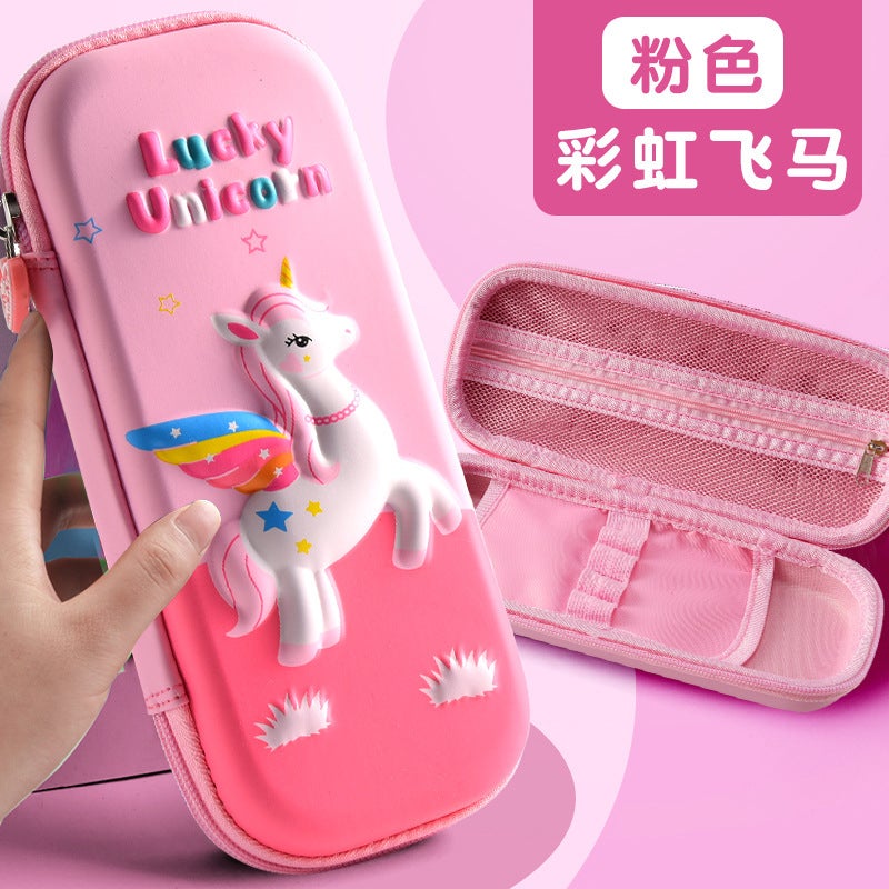 3D Cartoon Fabric Pen Bag Boys Girls School Supplies New Style Student Pencil Case Stationery Box Cloth pink rainbow Pegasus 