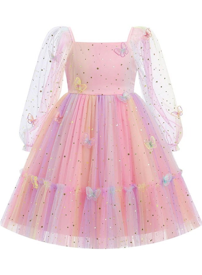 ODOLDI Kids Girls Birthday Party Long Sleeve Star Glitters Tulle Tutu Dress 3D Butterfly Star Sequins Ruffle Dress, Pink Star Gradient, 5-6 Years - Image 1