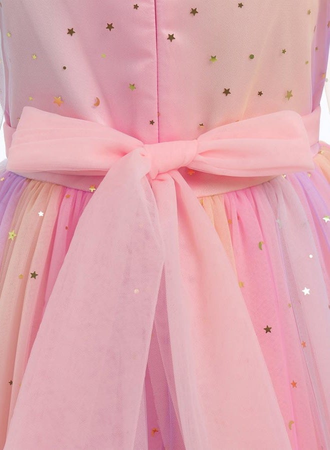 ODOLDI Kids Girls Birthday Party Long Sleeve Star Glitters Tulle Tutu Dress 3D Butterfly Star Sequins Ruffle Dress, Pink Star Gradient, 5-6 Years - Image 2