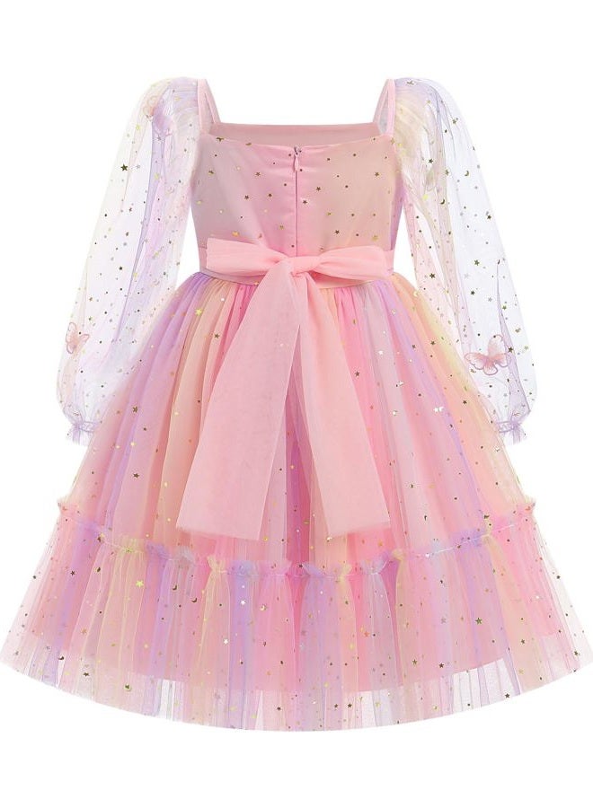 ODOLDI Kids Girls Birthday Party Long Sleeve Star Glitters Tulle Tutu Dress 3D Butterfly Star Sequins Ruffle Dress, Pink Star Gradient, 5-6 Years - Image 3