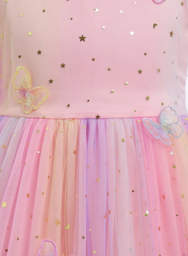 ODOLDI Kids Girls Birthday Party Long Sleeve Star Glitters Tulle Tutu Dress 3D Butterfly Star Sequins Ruffle Dress, Pink Star Gradient, 5-6 Years - Image 4