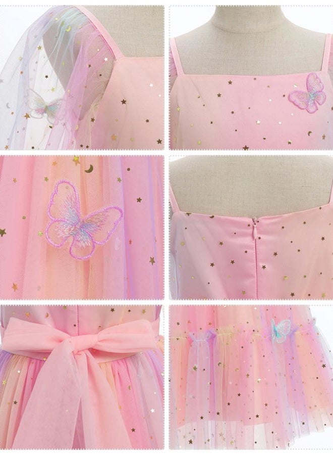 ODOLDI Kids Girls Birthday Party Long Sleeve Star Glitters Tulle Tutu Dress 3D Butterfly Star Sequins Ruffle Dress, Pink Star Gradient, 5-6 Years - Image 5