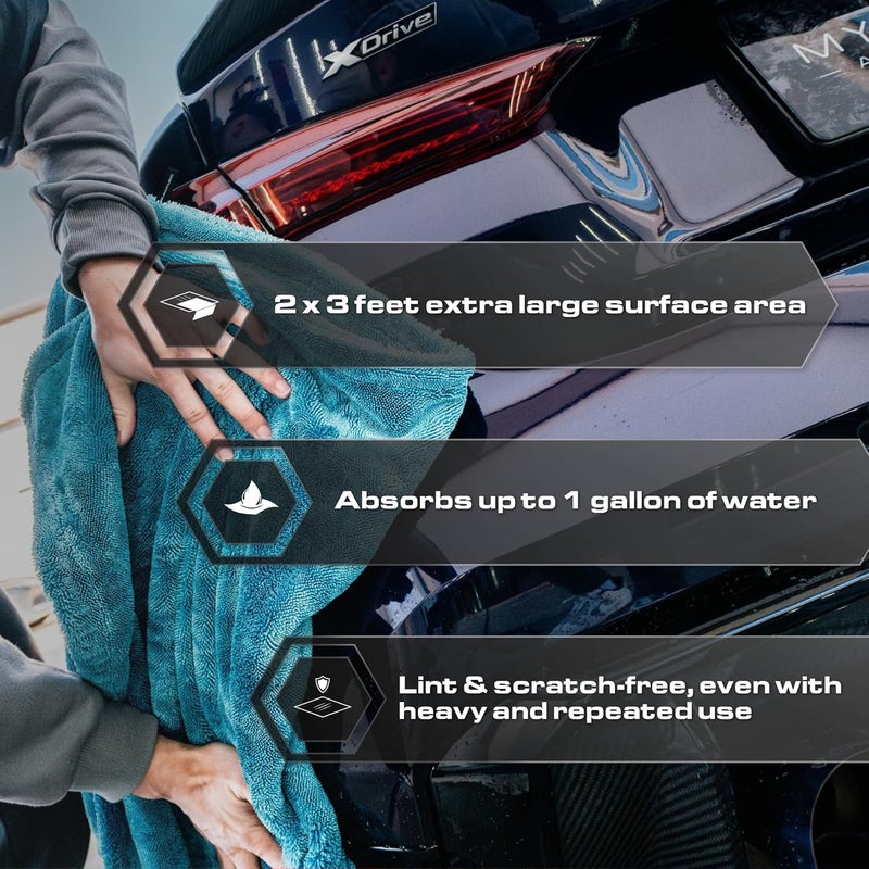 BlackLine Car Drying Towel - 2ftx3ft XL-Popular Pick Among Detailing Pros -Aqua 1300 GSM Microfiber Accessory - Absorbs Over 8lbs of Water - Leaves No Streaks, Spots or Scratches - Dries an Entire Car - Image 3