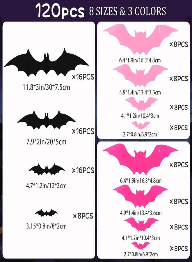 JUNEBRUSHS 120PCS 3D Bat Wall Decor, 8 Different Sizes Pink Black Halloween Decorations, Stickers for DIY Home Decor, Indoor Hallowmas Party Supplies - Image 2