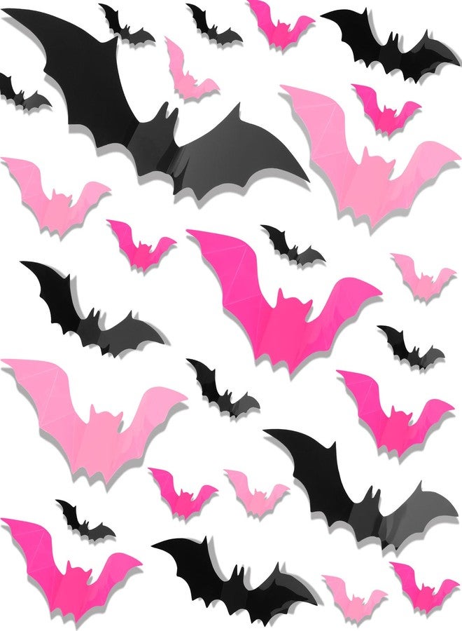 JUNEBRUSHS 120PCS 3D Bat Wall Decor, 8 Different Sizes Pink Black Halloween Decorations, Stickers for DIY Home Decor, Indoor Hallowmas Party Supplies - Image 1