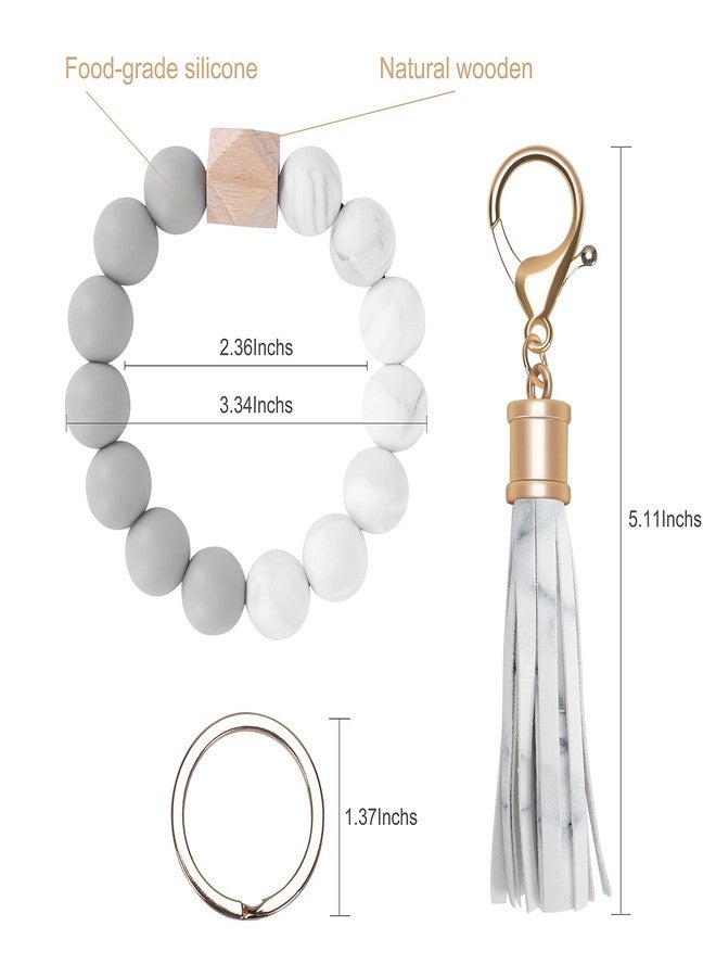 Weixiltc Keychain Wristlet for Women, Silicone Bead Bracelet with Leather Tassel, Cute Car Key Ring for Girls, Charm Key Chain Holder for Women (White) - Image 2