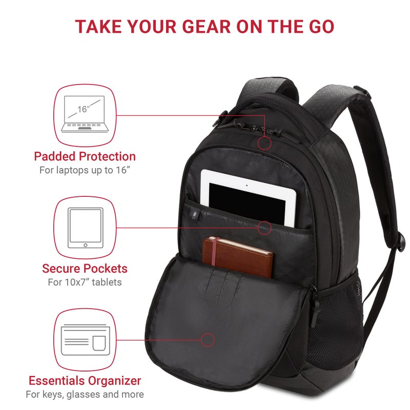 SWISSGEAR سويزجير سيسيل حقيبة ظهر للابتوب مقاس 18 بوصة تناسب لابتوب 16 بوصة، حقيبة سفر مع جيوب منسقة، حوامل لزجاجات الماء وأشرطة مبطنة – أسود هيكس - Image 2