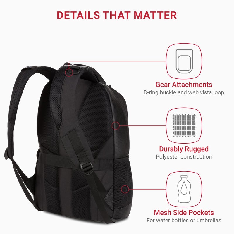 SWISSGEAR سويزجير سيسيل حقيبة ظهر للابتوب مقاس 18 بوصة تناسب لابتوب 16 بوصة، حقيبة سفر مع جيوب منسقة، حوامل لزجاجات الماء وأشرطة مبطنة – أسود هيكس - Image 3