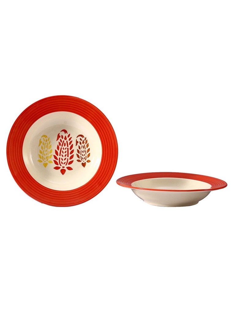 Caffeine Caffeine Ceramic Handmade Stoneware Red Boota Soup Plates/Maggie Plate/Pasta Plate 7 inch (Set of 2 Dishwasher & Microwave Safe)  - Image 1
