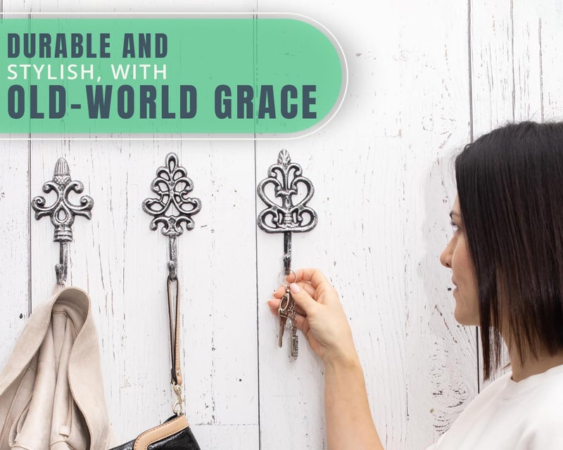 كومفيفي خطافات حائط مزخرفة من شابي شيك - مجموعة مكونة من 3 قطع - ديكور حائط ريفي فرنسي من الحديد الزهر - شماعات مزرعة للمعاطف والمحافظ والمزيد - فضي مع أسود - Image 4