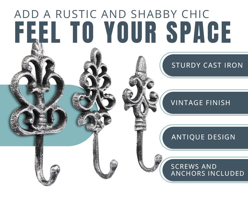 كومفيفي خطافات حائط مزخرفة من شابي شيك - مجموعة مكونة من 3 قطع - ديكور حائط ريفي فرنسي من الحديد الزهر - شماعات مزرعة للمعاطف والمحافظ والمزيد - فضي مع أسود - Image 2