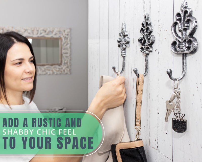 كومفيفي خطافات حائط مزخرفة من شابي شيك - مجموعة مكونة من 3 قطع - ديكور حائط ريفي فرنسي من الحديد الزهر - شماعات مزرعة للمعاطف والمحافظ والمزيد - فضي مع أسود - Image 3