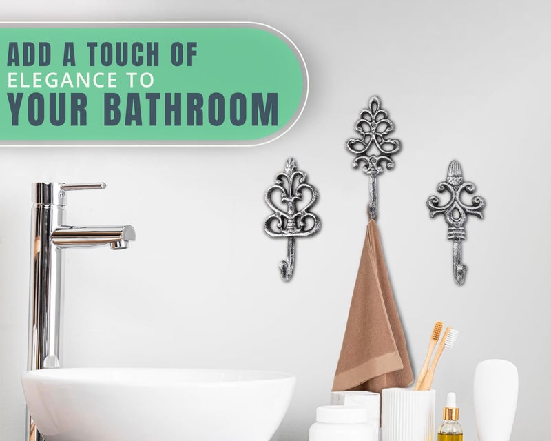 كومفيفي خطافات حائط مزخرفة من شابي شيك - مجموعة مكونة من 3 قطع - ديكور حائط ريفي فرنسي من الحديد الزهر - شماعات مزرعة للمعاطف والمحافظ والمزيد - فضي مع أسود - Image 5