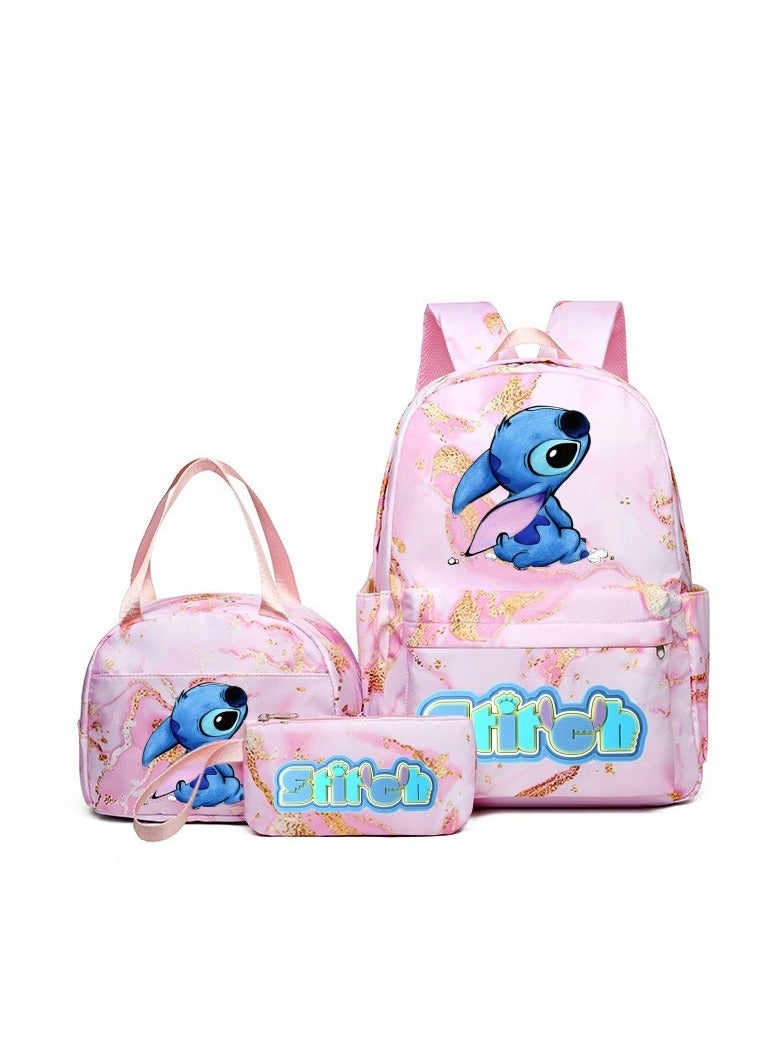 Stitch Golden Quicksand Texture Schoolbag Waterproof Primary and Secondary School Student Backpack Youth Travel Backpack 31*43*15CM + Lunch Bag 27*20*20CM + Pencil Case Three-piece Set - Image 1